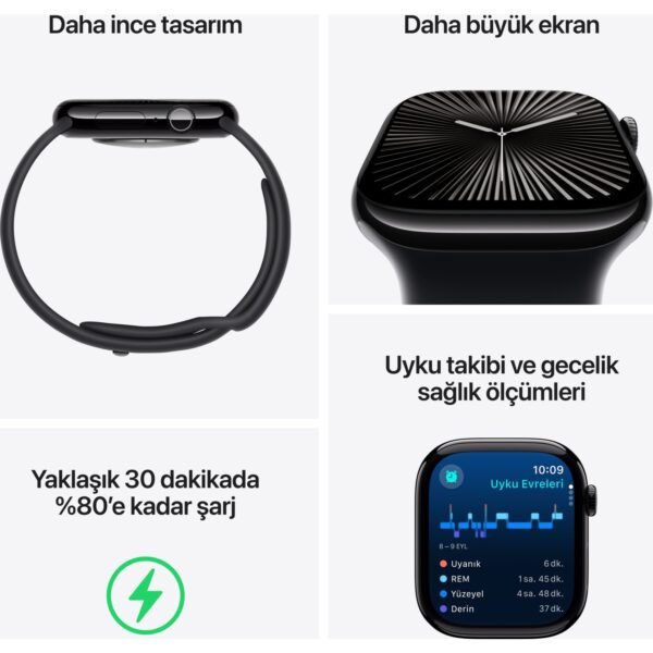 Apple Watch Series 10 GPS, 42 mm Simsiyah Alüminyum Kasa ve Siyah Spor Kordon - S/M - Görsel 3