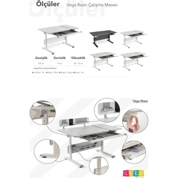 Creo Mobili Çekmeceli Çocuk Masası Eğim Verilebilir ve Çekmeceli Masa - 130x70 Cm, Beyaz/Fuşya - Vega Basic - Görsel 8