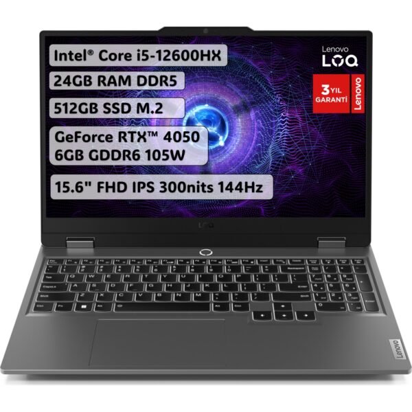 Lenovo LOQ Intel Core i5 12600HX 24GB 512GB SSD RTX4050 Freedos 15.6" IPS 144Hz Taşınabilir Bilgisayar 83GS00P6TR - Görsel 1