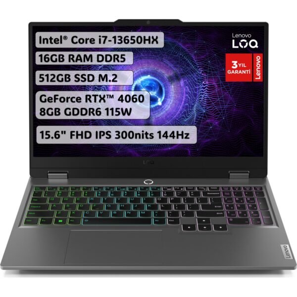 Lenovo LOQ Intel Core i7 13650HX 16GB 512GB SSD RTX4060 Freedos 15.6" Fhd 144Hz Taşınabilir Bilgisayar 83DV00WVTR - Görsel 1
